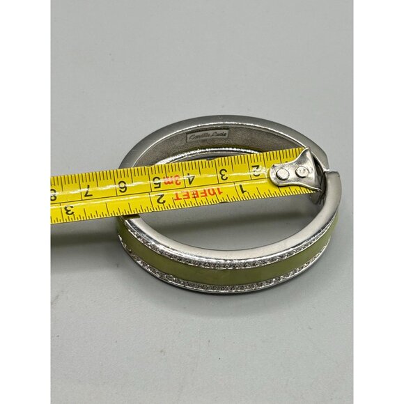 Signed Camille Lucie Hinged Bangle Bracelet Yellow Green Enamel and Rhinestones - Picture 7 of 8